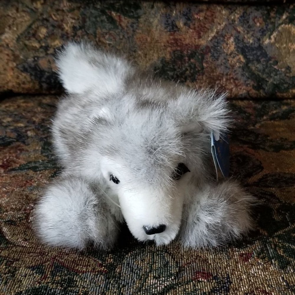 Grey wolf, small, soft toy, plush toy, realistic looking, animal toy classic